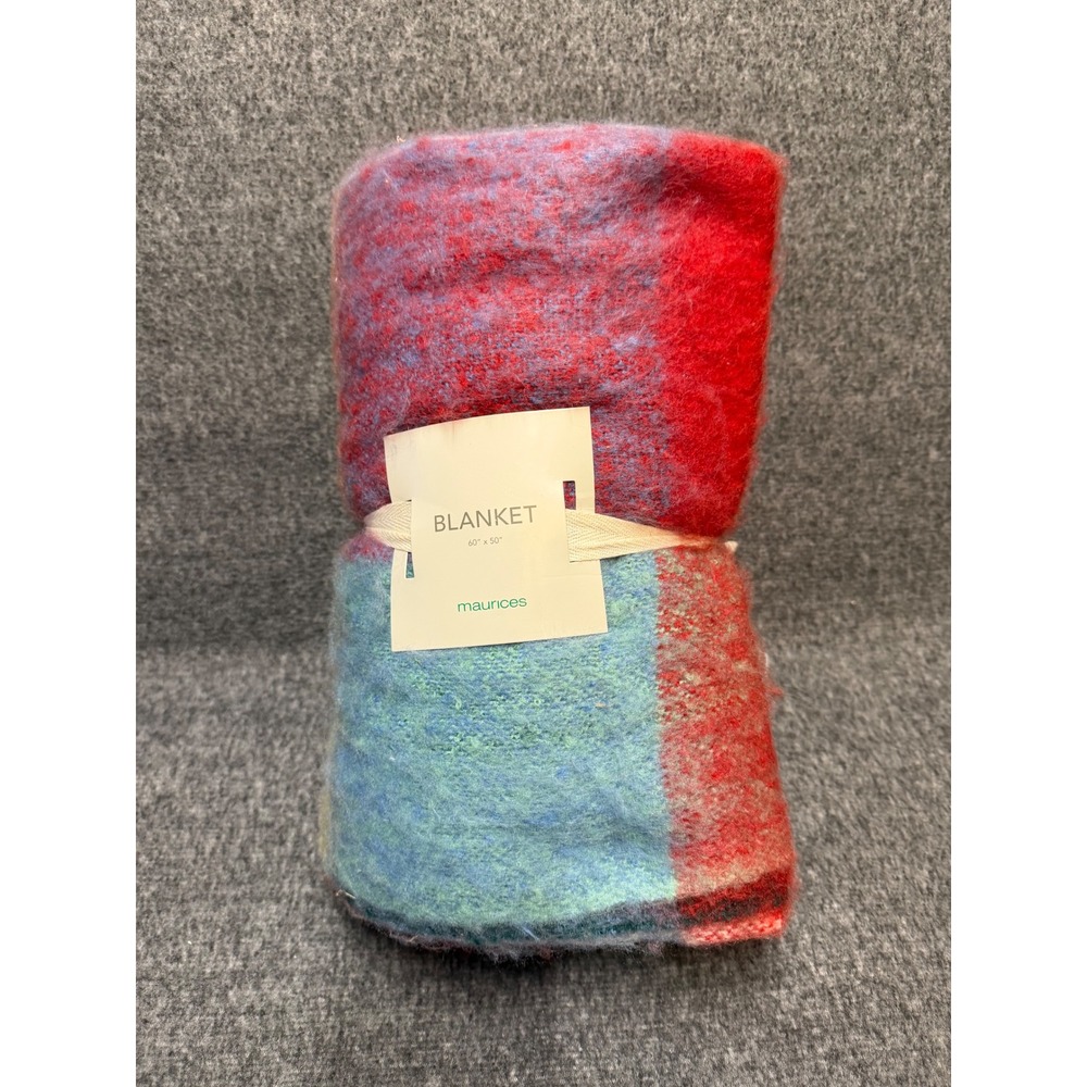 Maurices Plaid Throw Blanket 60x50 Red Teal Blue Soft Fuzzy Brushed Check New